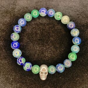 Beautiful Chrysocolla Beaded Bracelet with Silver Tone Metal Skull Bead